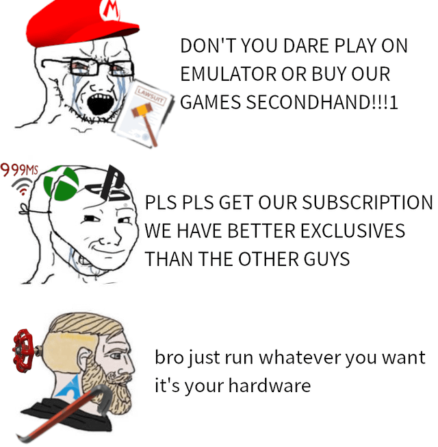 A vertical three-panel meme titled 'The era of Linux gaming' contrasting gaming platform policies. Top panel: A character with a red Mario hat, angry expression, tears, and a 'NINTENDO' sign, yelling 'DON'T YOU DARE PLAY ON EMULATOR OR BUY OUR GAMES SECONDHAND!!!1'. Middle panel: A character with Xbox (green) and PlayStation (black) logos on their head, '999ms' and Wi-Fi symbol above, desperate expression, pleading 'PLS PLS GET OUR SUBSCRIPTION WE HAVE BETTER EXCLUSIVES THAN THE OTHER GUYS'. Bottom panel: A bearded character with a Linux penguin (Tux) logo on their head, calm expression, stating 'bro just run whatever you want it's your hardware'. The meme satirizes Nintendo's strict control, Microsoft/Sony's subscription focus, and celebrates Linux's hardware freedom.
