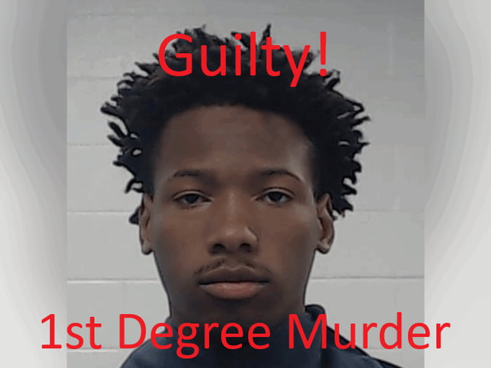 This is an edited mugshot image of rapper Karmelo (also known as YNW Melly, real name Jamell Demons). Bold red text is overlaid on the image: "Guilty!" appears at the top above his head, and "1st Degree Murder" appears at the bottom below his face. The image references the widely publicized court ruling that found the defendant guilty of first-degree murder charges, framed as a reaction celebrating the verdict as karmic justice.