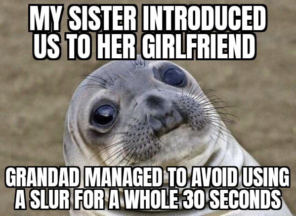 The image features a close-up photograph of a young seal with large, round eyes looking upwards, creating an innocent and curious expression. Overlaid on the image are two lines of bold, white text with black outlines. The top text reads 'MY SISTER INTRODUCED US TO HER GIRLFRIEND' and the bottom text states 'GRANDAD MANAGED TO AVOID USING A SLUR FOR A WHOLE 30 SECONDS'. The humor arises from the sarcastic implication that the grandfather struggled to avoid using a derogatory term when meeting his granddaughter's girlfriend, contrasting with the seal's naive appearance.