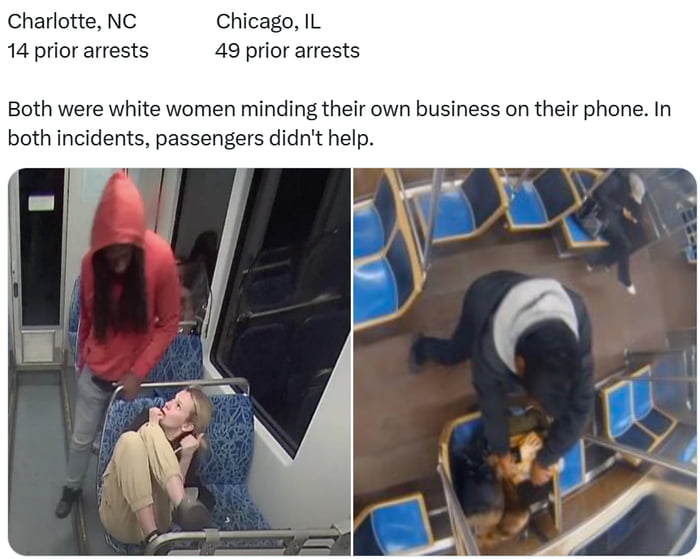 A meme comparing two public transportation assault incidents. The top text reads 'Charlotte, NC 14 prior arrests' and 'Chicago, IL 49 prior arrests'. Below that: 'Both were white women minding their own business on their phone. In both incidents, passengers didn't help.' The left image shows a security camera still of a person in a red hoodie standing over a seated woman on public transportation. The right image shows another security camera still of a person assaulting a seated individual on public transportation.