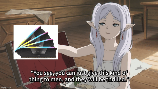 An animated meme featuring an elf girl with long white hair and pointed ears, sitting on a wooden floor in a rustic room with a wooden table and cloth in the background. She is positioned next to an open chest and is pointing to an inset image of a Corsair Vengeance RGB PRO RAM module (black with colorful RGB lighting). The elf girl has a smiling, explanatory expression and is depicted saying, "You see, you can just give this kind of thing to men, and they will be thrilled." The image combines an anime-style character with a product image of computer hardware to humorously comment on men's enthusiasm for RGB-lit tech products.