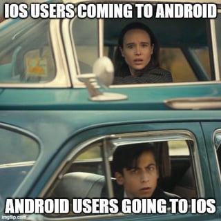 This is a two-panel meme using a scene from the show *The Umbrella Academy*. The top panel features a shocked character in the driver's seat of a vintage car, captioned "IOS USERS COMING TO ANDROID", representing the overwhelm and surprise iOS users often feel when switching to the more customizable, feature-dense Android operating system. The bottom panel shows another shocked character in the car's back seat, captioned "ANDROID USERS GOING TO IOS", illustrating the equal confusion and frustration Android users experience when switching to the more restricted, less customizable iOS platform. The joke plays on the stark differences in design philosophy between the two dominant mobile operating systems, and how unfamiliar users from each ecosystem find the other platform.