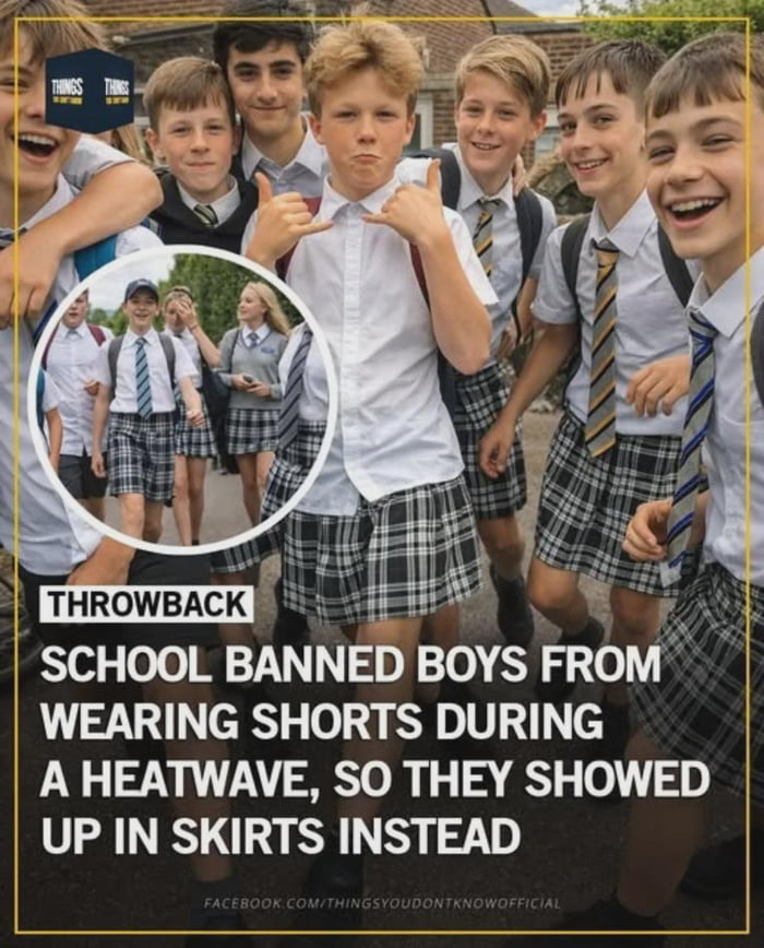 The image contains two visual sections: a main photo of a group of smiling male secondary school students wearing standard white collared school shirts, ties, and plaid skirts, posing happily for the camera, with one boy making a playful 'call me' hand gesture. A smaller circled inset photo shows the same group of boys walking alongside female classmates in standard school uniform, with one girl appearing to react to the boys' unusual outfit choice. Overlaid text explains the context: during a heatwave, the boys' school banned male students from wearing shorts as part of its uniform policy, so the boys chose to wear the standard girls' uniform plaid skirts as a loophole to stay cool while complying with the written uniform rules.