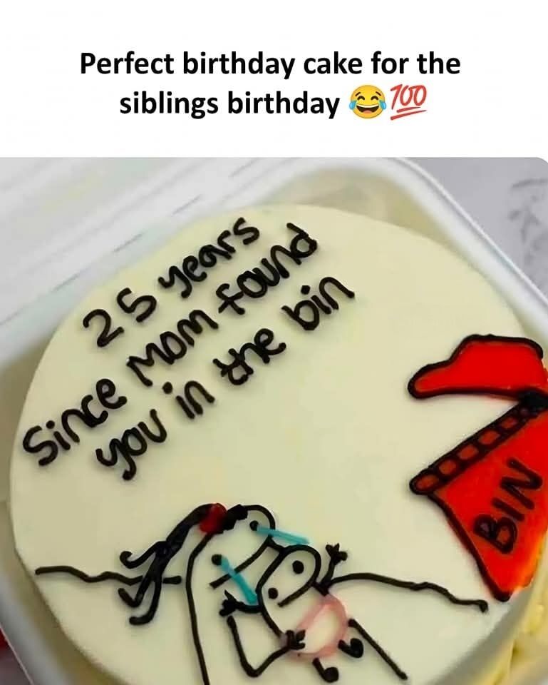 The image features a top caption above a photograph of a custom round white frosted birthday cake. The top caption reads "Perfect birthday cake for the siblings birthday" alongside a laughing-with-tears emoji and 100 points emoji. The cake is decorated with black icing text that states "25 years since mom found you in the bin", a crudely drawn stick figure of a crying baby, and a red illustrated trash bin marked "BIN" on its right side. The content leans into the common lighthearted sibling teasing trope of joking that a sibling was adopted or found discarded in trash.
