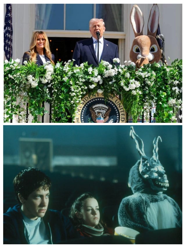 This is a two-panel collage meme that uses wordplay around the name 'Donnie'. The top panel shows former U.S. President Donald Trump (commonly nicknamed 'Donnie') speaking at a White House Easter event, with Melania Trump standing beside him, and a cheerful traditional Easter bunny mascot standing next to Trump at the podium. The bottom panel is a still frame from the 2001 film *Donnie Darko*, featuring the film's iconic terrifying giant rabbit character Frank sitting alongside the film's main characters. The meme creates a funny, uncanny juxtaposition by pairing the two 'Donnies' (Donald Trump and Donnie Darko) with their respective bunnies, playing on the shared name for comedic effect.