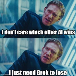 A two-panel meme featuring a character with short blonde hair (likely Tom Hiddleston as Loki from the Marvel Cinematic Universe) in a dark outfit, set against a futuristic, blue-lit background. The top panel displays the text 'I don't care which other AI wins' with the character leaning forward, eyes narrowed in an intense, determined expression. The bottom panel continues with 'I just need Grok to lose,' maintaining the same intense demeanor. The meme humorously conveys strong disapproval of Grok AI, prioritizing its 'loss' over the success of other AI platforms.