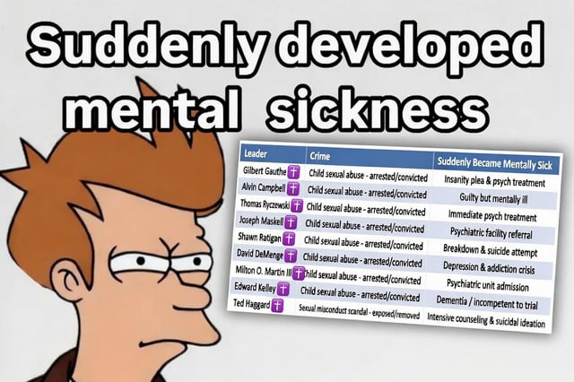 This satirical meme features the iconic suspicious squinting Philip J. Fry character from the animated series Futurama on the left side. Large text at the top of the image reads 'Suddenly developed mental sickness'. To the right of Fry is a table listing 9 Christian religious leaders, each marked with a purple cross icon: 8 were arrested and convicted of child sexual abuse, and 1 was exposed for sexual misconduct. The third column of the table shows every single one of these leaders claimed to develop sudden mental health issues immediately after being caught, ranging from insanity pleas to dementia, suicide attempts, and psychiatric treatment referrals. The meme implies these mental illness claims are not coincidental, but a deliberate tactic to avoid accountability for their violent crimes.
