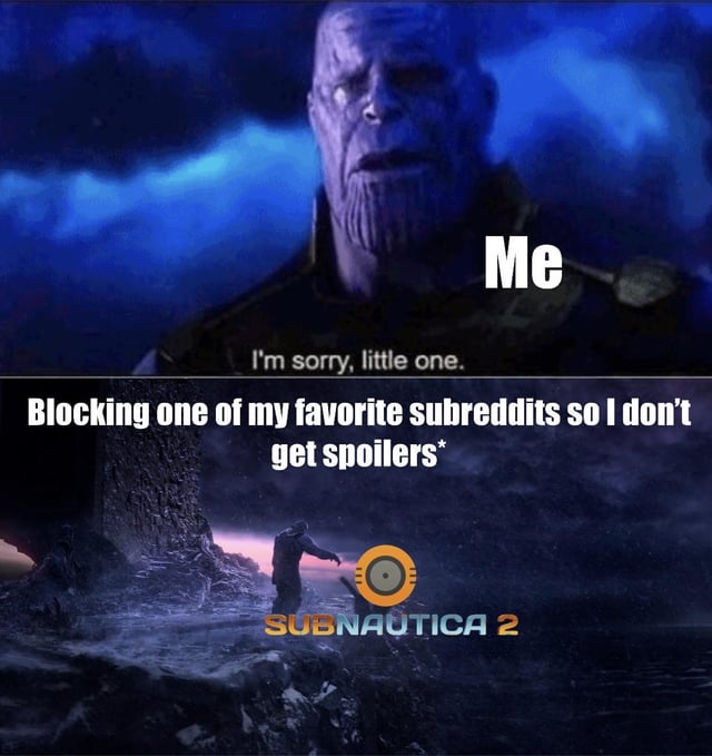 This is a two-panel reaction meme using the iconic Thanos sacrifice scene from *Avengers: Infinity War*. The top panel labels a regretful-looking Thanos as "Me" with the line "I'm sorry, little one". The bottom panel shows Thanos throwing Gamora off a cliff, which is framed as the action of "Blocking one of my favorite subreddits so I don't get spoilers", with the *Subnautica 2* logo placed where Gamora falls. The joke expresses the relatable feeling of being forced to avoid communities you enjoy to prevent seeing spoilers for an anticipated upcoming game, even if you feel regret about doing so.