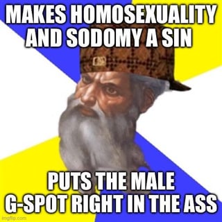The meme features a bearded man, presumably a religious figure, against a yellow and blue background. Prominent text at the top reads 'MAKES HOMOSEXUALITY AND SODOMY A SIN', while text at the bottom states 'PUTS THE MALE G-SPOT RIGHT IN THE ASS'. The humor stems from the ironic contrast between religious condemnation of certain sexual acts and the biological presence of the male G-spot in the anus, suggesting a sarcastic commentary on perceived contradictions in human design or religious doctrine.