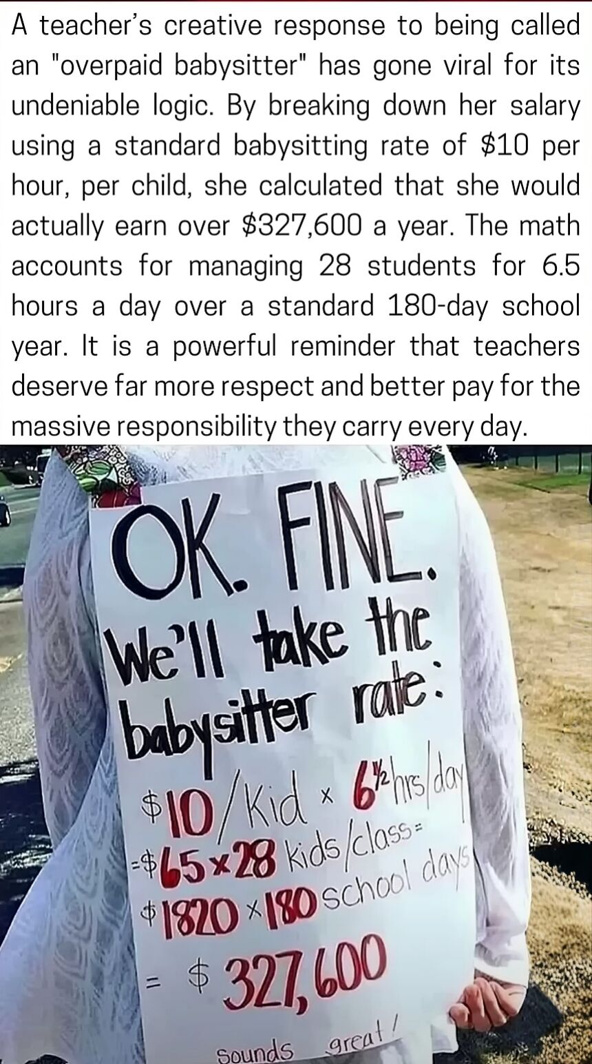 The image consists of two main parts: an upper section with explanatory text and a lower section showing a person holding a handwritten sign. The explanatory text states that a teacher's creative response to being called an 'overpaid babysitter' went viral. It details how the teacher calculated a hypothetical annual salary of $327,600 using a babysitting rate of $10 per hour per child, accounting for 28 students, 6.5 hours per day, and 180 school days. The lower section shows a person (likely the teacher) wearing a white garment, holding a large white sign with bold black and red handwritten text. The sign repeats the calculation: 'OK. FINE. We'll take the babysitter rate: $10/Kid x 6½ hrs/day = $65 x28 kids/class = $1820 x180 school days = $327,600 Sounds great!'. The overall message highlights that teachers deserve more respect and better pay by using logical math to counter the 'overpaid babysitter' insult.