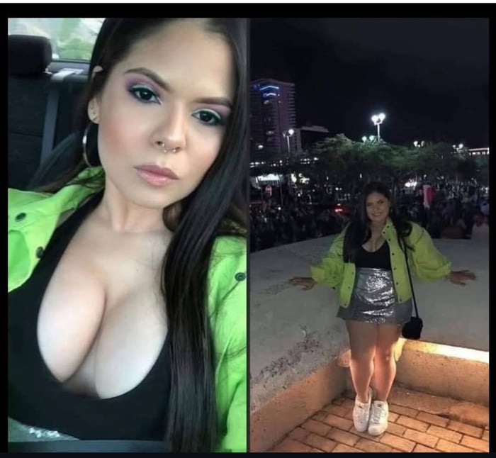 A two-panel meme comparing a woman's profile picture appearance versus her real-life appearance. Left panel shows a close-up selfie with heavy makeup, styled hair, and a cleavage-focused shot in a car interior. Right panel shows a full-body night scene of the same woman in a public area with more casual styling, different body proportions, and a natural appearance. The meme humorously illustrates the common social media phenomenon of curated profile pictures versus real-life appearances.
