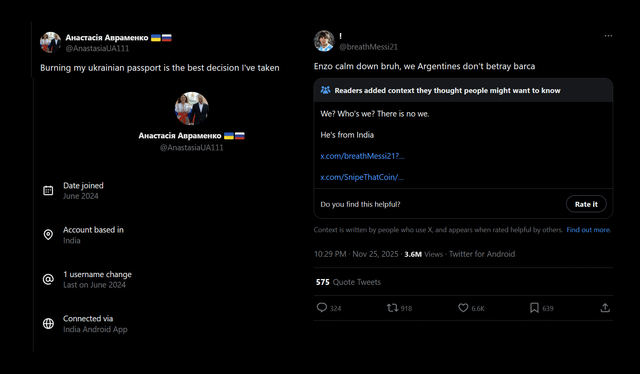 A screenshot of a Twitter/X post by user Anastacia Arapuenko (@AnastasiA111) with the text 'Burning my ukrainian passport is the best decision I've taken'. Below the post, there is a reply from user IreneMessi01 stating 'Enzo calm down bruh, we Argentines don't betray barca'. A 'Readers added context' section appears, noting 'We're not sure if this is a new. He's from India'. The post details include 'Date joined: June 2024', '1 username change', 'Connected via: Twitter for Android', and engagement metrics: 575 Quote Tweets, 24 Retweets, 116 Likes, and 83 Bookmarks. The timestamp shows '10:29 PM · May 25, 2023'.