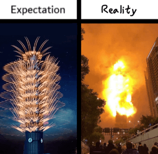 A two-panel comparison meme titled '2022 Taipei New Year Countdown in a Nutshell'. The left panel, labeled 'Expectation', displays a spectacular, organized fireworks show illuminating a building against a night sky, representing the anticipated grandeur of the event. The right panel, labeled 'Reality', shows a large, chaotic fire with intense orange flames, humorously contrasting the idealized expectation with a disastrous or failed outcome, likely mocking a real-life mishap during the 2022 Taipei New Year countdown.