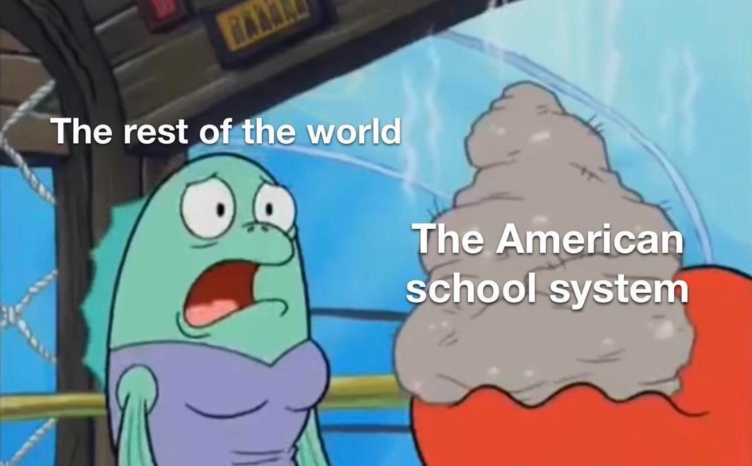 This meme uses a scene from the animated series *SpongeBob SquarePants* to make a critical joke about the United States education system. A green fish character, labeled 'The rest of the world', has a shocked, horrified expression as it stares at a large pile of feces held in a red glove, which is labeled 'The American school system'. The gag implies that the American school system is of extremely poor quality, comparable to garbage, to the shock of people living in other parts of the world.