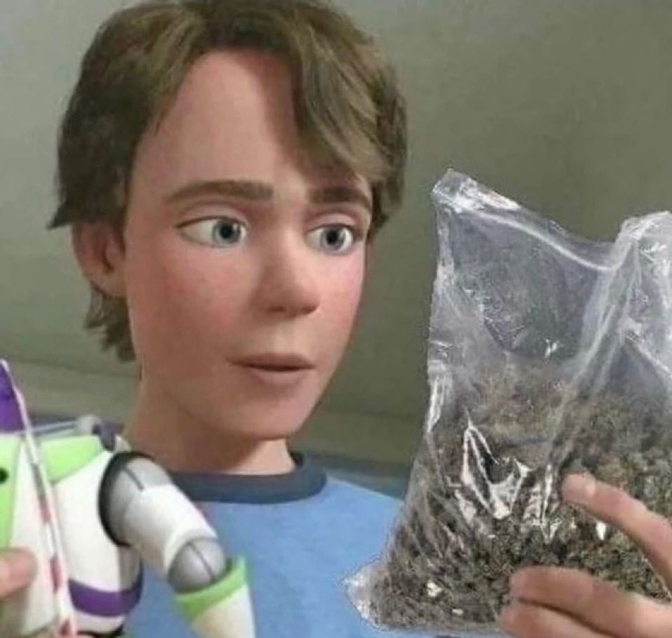 This is an edited comedic meme featuring Andy Davis, the main child character from Disney Pixar's Toy Story franchise. Andy is depicted holding a Buzz Lightyear toy in his left hand, while holding a clear plastic bag filled with a green leafy substance visually resembling cannabis in his right hand. He stares at the bag with a surprised, intrigued expression. The humor comes from the absurd and inappropriate contrast between the innocent children's media character and the illegal recreational drug reference, creating dark ironic humor.