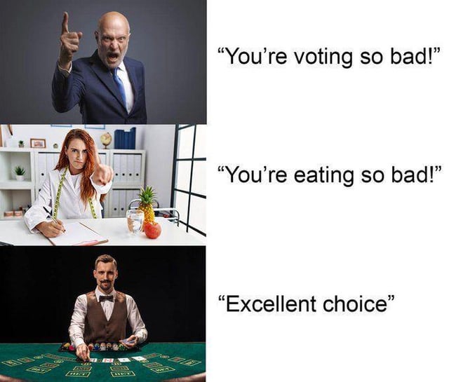 A three-panel vertical meme with left-side images and right-side text. Top panel: Bald man in a dark suit pointing upward with an angry expression, paired with text: "You're voting so bad!". Middle panel: Red-haired woman in a white shirt at an office desk (with a pineapple and apple on the desk) pointing forward sternly, text: "You're eating so bad!". Bottom panel: Man in a vest at a green poker table dealing cards, text: "Excellent choice". The meme contrasts critical judgments of voting/eating habits with approval of a poker decision.