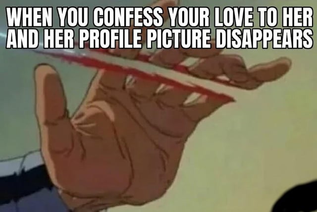This is a single-panel reaction meme featuring an animated screenshot of a hand dropping a red pen, paired with bold white all-caps text at the top. The text reads 'WHEN YOU CONFESS YOUR LOVE TO HER AND HER PROFILE PICTURE DISAPPEARS'. The meme humorously depicts the immediate, disappointing experience of confessing romantic feelings to someone you interact with online: the disappearance of their profile picture after your confession implies they are rejecting you and cutting off further contact, and the visual of the falling pen represents your romantic hopes crashing immediately after you share your feelings.