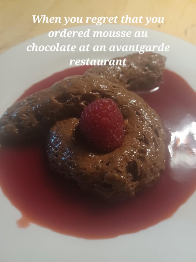 A close-up photograph of a chocolate mousse dessert served on a white plate. The mousse has an irregular, unappetizing shape with a porous texture, arranged in a twisted form, and is surrounded by a pool of red sauce. A single raspberry is placed on top of the mousse. Overlaid text reads, "When you regret that you ordered mousse au chocolate at an avantgarde restaurant," humorously capturing the disappointment of expecting a conventional dessert at an avant-garde eatery, where artistic presentation prioritizes uniqueness over traditional appeal.