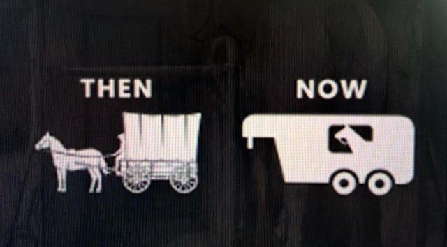 This meme uses a side-by-side THEN/NOW comparison to make a humorous observation about the changing role of horses over time. The left 'THEN' section displays a silhouette of a horse pulling a covered pioneer wagon, representing the historical period when horses performed hard labor to transport humans. The right 'NOW' section shows a silhouette of a modern motorized horse trailer, where horses are now transported by humans instead of doing the pulling work. The implied joke is that horses have effectively 'won' by no longer needing to perform strenuous labor and being chauffeured around instead, which aligns with the title. The graphic is printed on a dark, textured fabric, most likely a t-shirt.