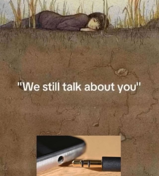 This meme is a nostalgic, humorous collage combining two distinct visuals. The upper section features an illustration of a sad, longing-looking person lying prone on the ground, resting their head on their arms while peering over a dirt embankment. Overlaid on the dirt area is the text "We still talk about you". The lower inset image shows a close-up of a smartphone's empty 3.5mm headphone port next to a detached 3.5mm audio jack plug. The core joke is a metaphorical pun: the text and sad character reference the now largely obsolete 3.5mm headphone jack, which many tech users miss as modern smartphones have phased it out for wireless audio or USB-C ports. The meme expresses the collective nostalgia and lingering fondness for the universal, reliable headphone jack, emphasizing that people still discuss and lament its disappearance from consumer devices.