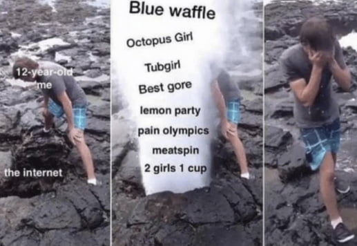 This three-panel meme humorously depicts the common experience of young pre-teen internet users encountering disturbing graphic shock content in the early to mid 2010s. The first panel shows a curious teenage boy labeled '12-year-old me' leaning over a coastal rock blowhole labeled 'the internet'. The second panel shows the blowhole erupting forcefully, with the spray listing well-known NSFL/NSFW internet shock content terms: Blue waffle, Octopus Girl, Tubgirl, Best gore, lemon party, pain olympics, meatspin, and 2 girls 1 cup, all hitting the boy directly. The third panel shows the boy standing up, holding his face in distress and visible trauma after being exposed to the graphic content. The joke plays on the common internet prank where users would trick others into searching for these extremely graphic, upsetting terms, and the resulting negative experience of anyone who fell for the prank as a young internet user.