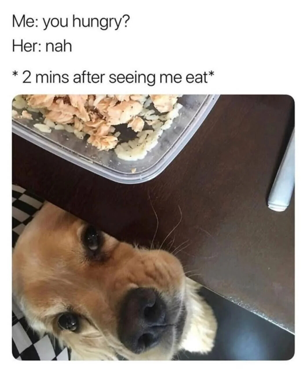 A meme composed of top text and a photograph. The top text humorously depicts a common scenario: 'Me: you hungry? Her: nah *2 mins after seeing me eat*'. Below the text is a photograph of a golden retriever dog peeking up from beneath a table, with its head tilted upward, eyes wide and focused on a plastic container of food (appearing to be shredded chicken or salmon with rice) placed on the table. The dog's expression conveys eagerness and longing, perfectly capturing the shift from 'not hungry' to wanting food upon seeing it.