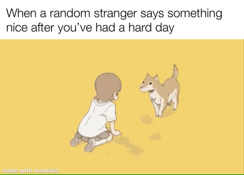 This meme features a top text caption that reads 'When a random stranger says something nice after you’ve had a hard day' above a simple illustration against a plain yellow background. The illustration shows a dejected young child kneeling on the ground facing a light-colored Shiba Inu dog that is walking towards them. The meme uses the visual metaphor to express the relatable, heartwarming feeling of small unexpected kindness from a stranger greatly improving an otherwise difficult day.