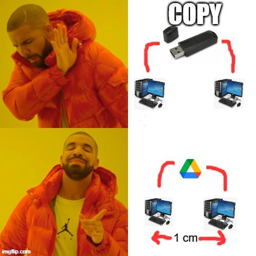 A two-panel Drake meme (from the 'Hotline Bling' music video) comparing file transfer methods. Top panel: Drake raises his hand in rejection (left) while the right side shows 'COPY' with a USB drive connected by red arrows to two computers. Bottom panel: Drake points approvingly (left) while the right side shows the Google Drive logo with red arrows between two computers and '1 cm' labeled, implying Google Drive is a better (shorter distance) method than copying via USB.