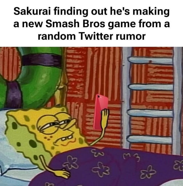 This is a reaction meme that uses a well-known SpongeBob SquarePants template. It depicts SpongeBob lying in bed looking unimpressed and tired while staring at his pink smartphone. The overlaid text jokes that Super Smash Bros series creator Masahiro Sakurai is learning he is supposed to be making a new Smash Bros game from a random unsubstantiated rumor on Twitter, poking fun at the constant flood of unconfirmed Smash Bros sequel rumors that circulate on social media.
