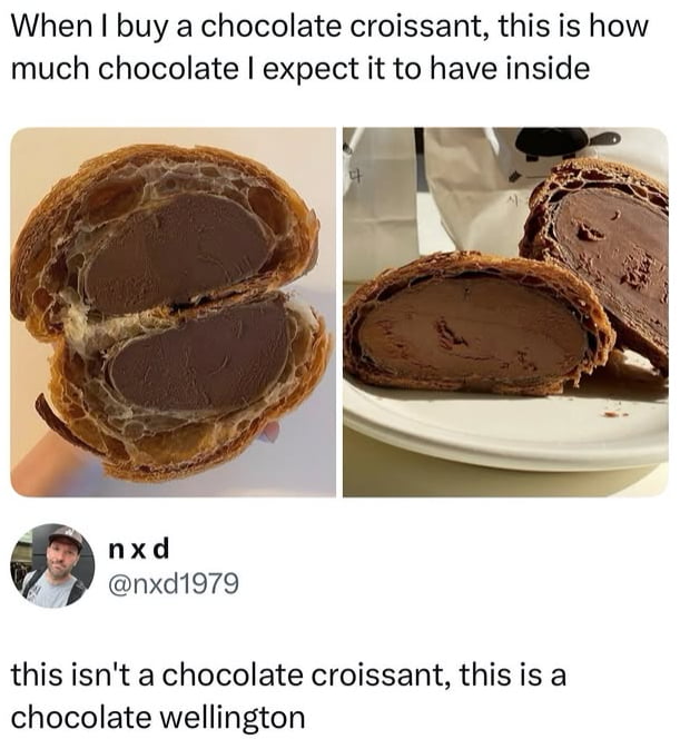 This meme features text at the top stating the amount of chocolate a person expects to find inside a chocolate croissant when they purchase one, paired with two side-by-side photos of halved chocolate croissants that are extremely packed with thick, dense chocolate filling, far exceeding the amount of filling in standard chocolate croissants. Below the images, a user comment adds a humorous punchline, joking that the heavily filled pastry is not a chocolate croissant, but a "chocolate wellington", which is a pun referencing beef wellington, a savory dish of meat wrapped in puff pastry, playing on the high ratio of filling to pastry in the photographed croissants.