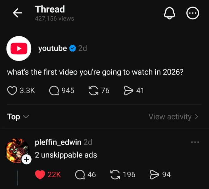 A screenshot of a Threads post from the verified YouTube account asking, 'what's the first video you're going to watch in 2026?' The post has 427,156 views, 3.3K likes, 945 comments, 76 reposts, and 41 shares. Below the post, the top comment by user 'pleffin_edwin' humorously responds with '2 unskippable ads,' which has 22K likes, 46 comments, 196 reposts, and 94 shares. The meme highlights the common frustration with unskippable YouTube ads by juxtaposing the innocent question with a sarcastic, relatable answer.
