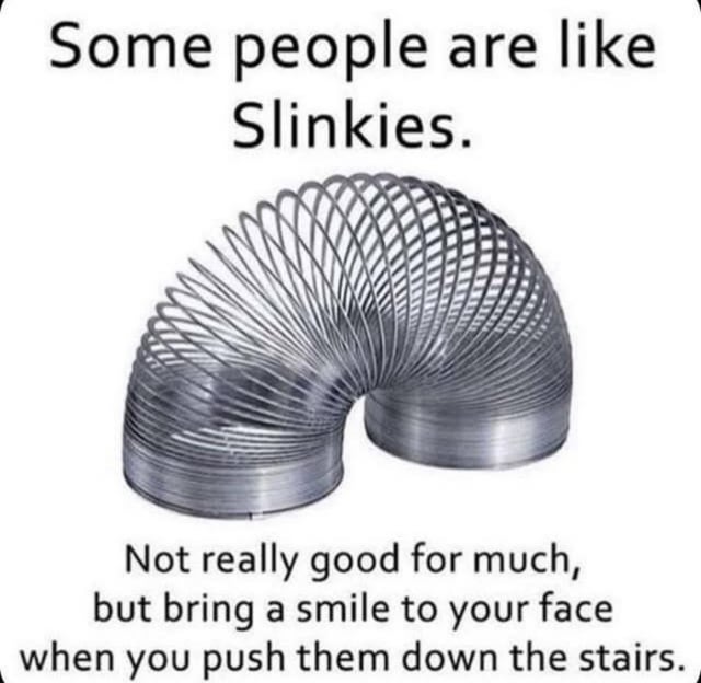 This is a single static humorous meme. Text at the top reads 'Some people are like Slinkies.', followed by a clear photo of a classic metal Slinky (helical spring toy) positioned in the center of the image. The bottom text completes the sarcastic joke: 'Not really good for much, but bring a smile to your face when you push them down the stairs.' The meme uses dark, playful humor to draw a comparison between unproductive or annoying people and Slinky toys, with an exaggerated, non-literal punchline about pushing such people down stairs for amusement.