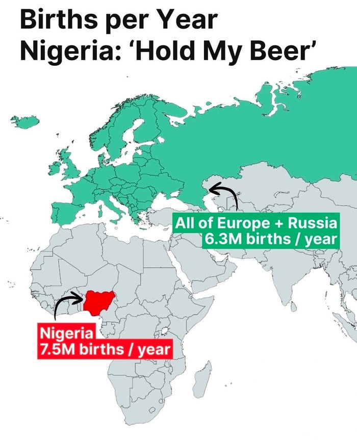 A map-based meme comparing annual birth rates, featuring a simplified world map. Europe and Russia are shaded in green with an arrow pointing to the region and the label 'All of Europe + Russia 6.3M births / year'. Nigeria is highlighted in red in West Africa with an arrow pointing to it and the label 'Nigeria 7.5M births / year'. The title 'Births per Year Nigeria: 'Hold My Beer'' uses the humorous internet phrase 'Hold My Beer' to emphasize Nigeria's higher annual birth count despite its significantly smaller geographical area compared to the combined Europe and Russia.