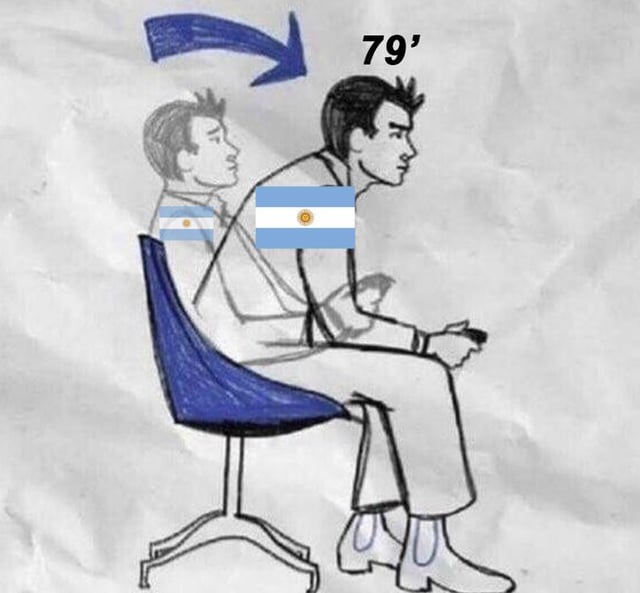 This meme uses the popular "man leaning forward in an office chair" template. It shows two iterations of the same generic male character: a faded smaller version in the back overlaid with a small Argentina flag, and a larger, bolder version in front overlaid with a larger Argentina flag. A blue arrow points from the smaller faded figure to the larger one, with the text "79'" (referring to 1979, the era of Argentina's authoritarian military junta known for extreme state surveillance and repression, colloquially called "Big Brother" control) next to the arrow. The meme draws a comparison, claiming that current levels of state surveillance and authoritarian control in Egypt have surpassed even the extreme levels seen in 1979 Argentina.