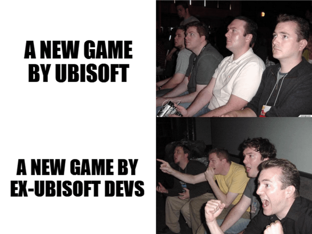 A two-panel meme contrasting reactions to game announcements. The top panel features the text 'A NEW GAME BY UBISOFT' alongside a group of men in a theater-like setting displaying bored, indifferent body language: slouching, sitting passively, and looking uninterested. The bottom panel contains the text 'A NEW GAME BY EX-UBISOFT DEVS' with the same group exhibiting intense excitement: pointing, leaning forward, cheering, and fist-clenching. The humor stems from the stark contrast in reactions, implying games developed by former Ubisoft employees are more anticipated or exciting than those from Ubisoft itself.
