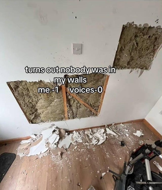 The meme features a photograph of a room interior with two large, jagged holes smashed into a white drywall wall, exposing the insulation and wooden supports inside. Broken drywall pieces are scattered all over the light brown wooden floor beneath the damaged wall. Overlaid text on the image jokes that the person who destroyed the wall did so because they thought they heard voices coming from inside the wall, but found no one after breaking it open, leading to the score: 'me -1, voices-0', meaning the person lost the exchange as they unnecessarily destroyed their own wall over imaginary voices.