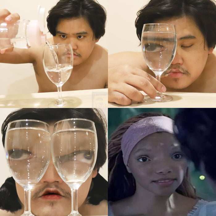A four-panel collage featuring two individuals. The first panel shows a shirtless person pouring water from a pitcher into a wine glass with a focused expression. The second panel depicts the same person holding the wine glass close to their face, appearing contemplative. The third panel shows the person placing two wine glasses filled with water in front of their face, creating a humorous visual effect. The fourth panel features a different individual wearing a purple headband, looking directly at the camera with a neutral expression.