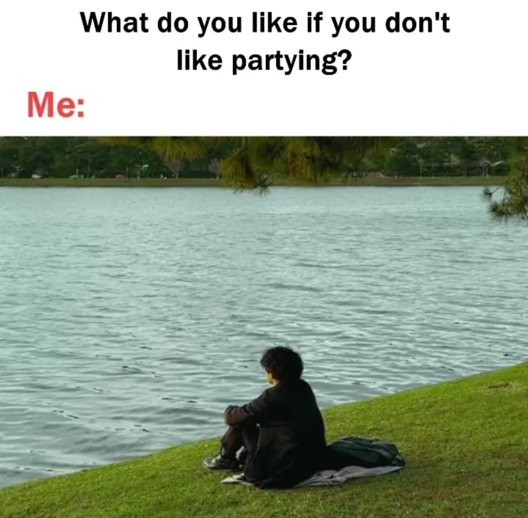 The meme consists of two parts: the top section contains text that reads 'What do you like if you don't like partying?' in black font, followed by 'Me:' in red font. The bottom section is a photograph of a person sitting alone on the grass by a calm lake, facing the water. The person is wearing dark clothing and has a backpack beside them. The background features trees and a grassy shoreline, creating a serene and peaceful atmosphere. The combination of text and image humorously conveys that the answer to the question is preferring quiet, solitary moments in nature over partying.