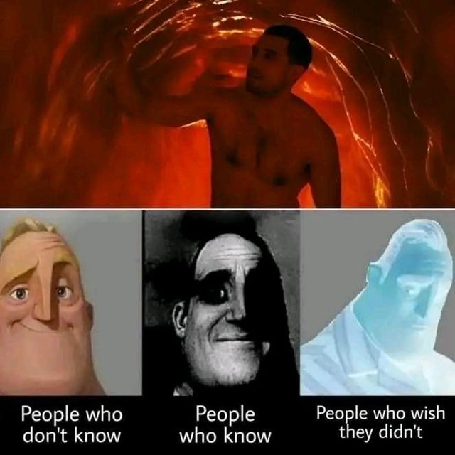This meme is arranged as a 2-section collage. The top panel shows a shirtless adult man standing inside a red, fleshy, tunnel-shaped space, looking sideways with a confused, disoriented expression. The bottom section uses the widely popular 'Mr. Incredible Becoming Uncanny' 3-panel reaction format: the left panel is the normal, smiling Mr. Incredible from *The Incredibles* labeled 'People who don't know', the middle panel is the unsettling black and white distorted version of Mr. Incredible labeled 'People who know', and the right panel is the faded, distressed, heavily distorted version of Mr. Incredible labeled 'People who wish they didn't know'. The meme relies on inside joke context: the top panel is a screenshot from a notoriously graphic, disturbing adult viral video, so viewers who recognize the source have the negative reactions shown in the middle and right panels, while unknowing viewers do not understand the reference.