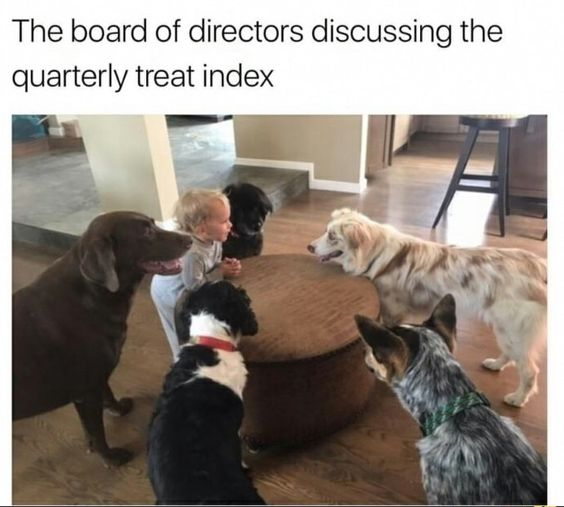 This meme features a real-life photograph of a small toddler sitting on the floor at a round ottoman, surrounded by five attentive dogs. The top caption frames the scene as a corporate board meeting with the text: *"The board of directors discussing the quarterly treat index"*. The humor comes from a pun and visual parody: it replaces typical corporate quarterly performance metrics (like sales or stock indices) with a "treat index"—a metric that would be critical to dogs, playing on their love for treats. The dogs are positioned intently around the toddler, making it look like they are in a formal, focused business discussion, while the toddler acts as the meeting chairperson. The image is wholesome and funny, blending relatable corporate jargon with a cute, everyday moment of a child interacting with pets.