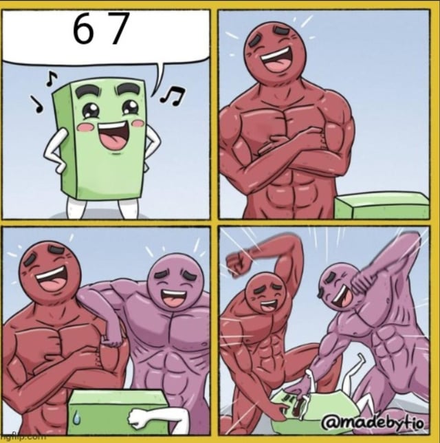 This is a 4-panel digital webcomic. Panel 1: A small, cheerful green anthropomorphic rectangular character (styled after Numberblocks characters) sings '6 7' happily with music notes floating around it, hands on its hips. Panel 2: A large, muscular red humanoid laughs loudly with its arms crossed, while the green character is now flattened on the ground out of frame to the right. Panel 3: A second large muscular purple humanoid joins the red one, both laughing hysterically, while the green character peeks out from behind a box looking nervous, with a sweat drop on its side. Panel 4: The red and purple muscular characters violently beat up the small green character, who looks visibly terrified and in pain. A watermark for the artist @madebytio is present in the bottom right corner, and an imgflip.com watermark is in the bottom left.