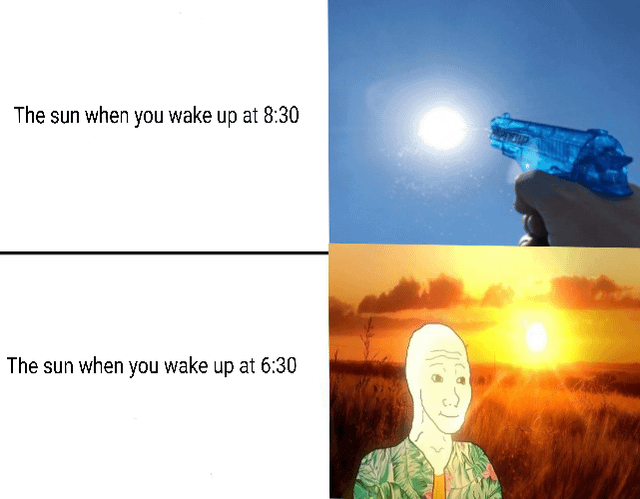 This is a two-panel comparison relatable meme. The top panel has left text reading 'The sun when you wake up at 8:30', paired with an image of a bright harsh midday sun being aimed at by a blue water gun, implying the sun feels aggressively bright and annoying when you wake up later in the morning. The bottom panel has left text reading 'The sun when you wake up at 6:30', paired with a soft warm golden hour sunrise/sunset field background, with a content smiling Wojak meme character in a Hawaiian shirt standing in the foreground, conveying that the sun feels gentle and pleasant when you wake up very early. The joke plays on the common contradictory experience of sunlight based on wake-up time, relating to the feeling that getting up early feels nicer despite being difficult.