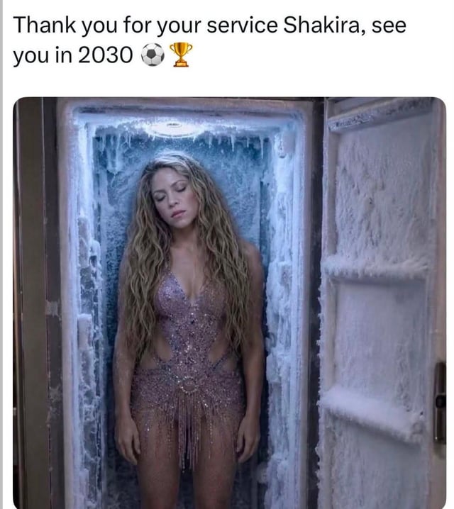 This is a humorous single-panel meme featuring singer Shakira, famous for performing at multiple FIFA World Cup opening or closing ceremonies. She is depicted standing inside a fully frost-covered, icy freezer with her eyes closed, appearing to be cryogenically frozen, wearing the sparkly cutout performance outfit she wore for a World Cup performance. The text at the top of the image reads "Thank you for your service Shakira, see you in 2030" followed by a soccer ball and trophy emoji, joking that she is being put into cold storage until she is needed to perform at the 2030 FIFA World Cup.