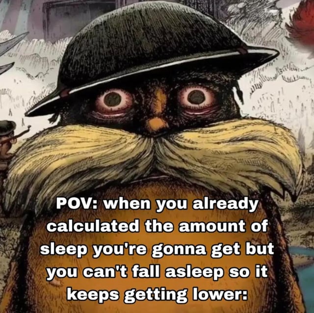 This is a single-panel meme featuring an edited illustration of The Lorax character from Dr. Seuss, drawn in a gritty war art style. The Lorax wears a World War I-style combat helmet, has wide, bloodshot, exhausted, and panicked eyes, and is positioned in a trench war scene background. Overlaid text on the image describes a relatable POV scenario: you have already calculated exactly how much sleep you will get before your alarm rings, but you are unable to fall asleep, so your remaining possible sleep time keeps decreasing. The stressed, panicked expression of the character perfectly matches the anxious feeling of this common nightly experience.