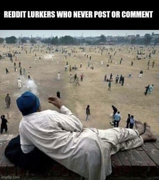 This meme uses a photograph of a man reclining casually on a raised wooden platform, looking out over a large, crowded open field with hundreds of scattered people. A top text caption reads 'REDDIT LURKERS WHO NEVER POST OR COMMENT', and the original post title adds context that all these lurkers have 10-year-old Reddit accounts. The joke plays on the common observation that the vast majority of Reddit's userbase consists of passive silent lurkers who never create posts, leave comments, or otherwise interact with the platform, far outnumbering the small share of active users represented by the reclining man in the foreground.