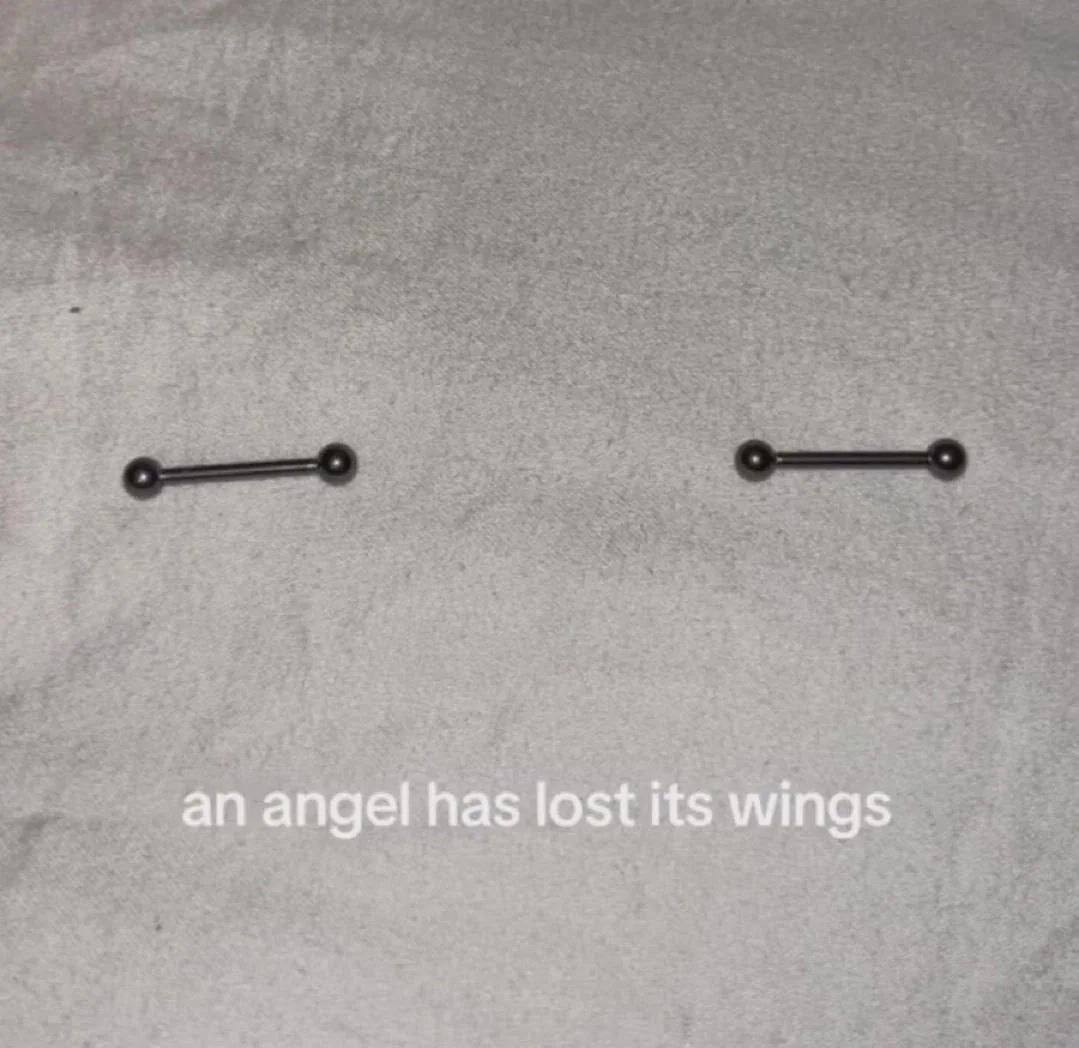The image shows two black barbell-shaped objects (straight bars with a ball at each end) placed on a gray textured background. At the bottom of the image, there is white text that reads 'an angel has lost its wings', creating a visual pun where the barbell-shaped objects are meant to represent an angel's wings that have fallen off.