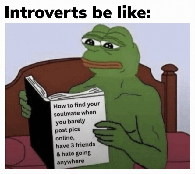 This meme uses the iconic Pepe the Frog character to humorously depict the relatable struggles of introverts when it comes to finding romantic partners. At the top, the text reads "Introverts be like:" setting up the joke. Below, Pepe (with a tired, melancholic expression) sits on a bed holding an open book with the title: "How to find your soulmate when you barely post pics online, have 3 friends & hate going anywhere". The humor comes from exaggerating common introvert traits: limited online social presence, small friend circles, and a strong preference for staying indoors, framing these traits as major barriers to finding a soulmate so extreme that a specialized guidebook is needed. It resonates with introverts who feel their lifestyle makes dating feel like an impossible task.