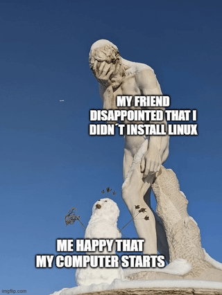 A meme featuring a large stone statue with a sad, hunched posture against a clear blue sky. The top text overlay reads 'MY FRIEND DISAPPOINTED THAT I DIDN'T INSTALL LINUX' and the bottom text reads 'ME HAPPY THAT MY COMPUTER STARTS'. The humor contrasts the friend's frustration over the creator not using Linux with the creator's satisfaction in having a reliably functional computer, mocking the stereotype of Linux enthusiasts' zealous advocacy versus practical usability.