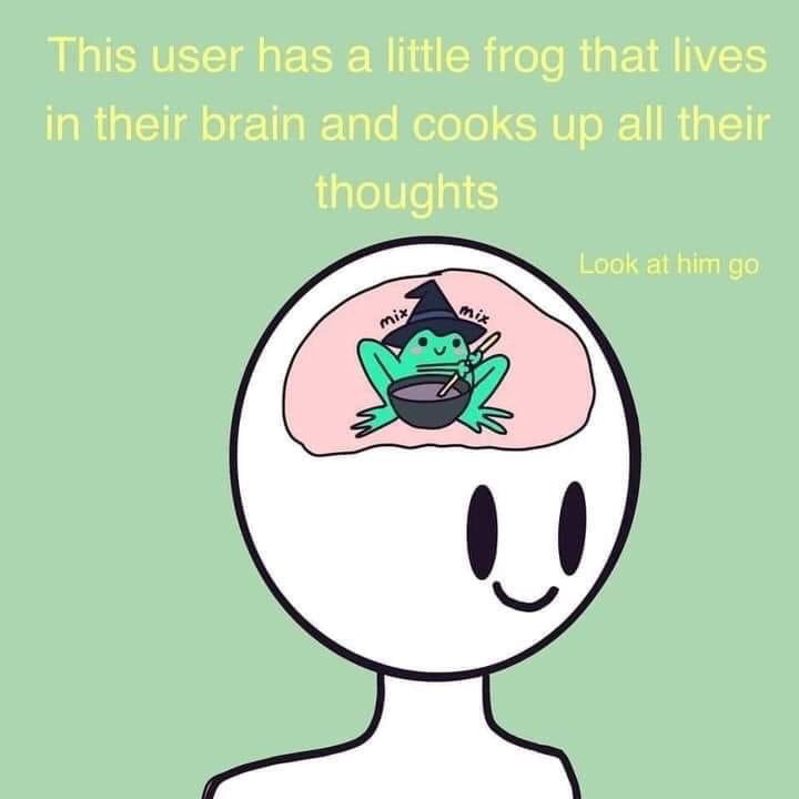 The meme features a plain light green background. At the top, light yellow text reads 'This user has a little frog that lives in their brain and cooks up all their thoughts', with smaller text to the right of the central visual saying 'Look at him go'. The central element is a simple minimalist white cartoon humanoid bust, with a cross-section of its pink brain visible inside its head. Inside the brain, a cheerful small green frog wearing a black witch hat sits stirring a bowl of purple liquid with a wooden spoon, with small 'mix mix' text floating beside it to indicate it is mixing contents. The humanoid has simple oval black eyes and a small happy smile, giving a gentle, content expression. The meme playfully personifies the process of generating thoughts as a tiny frog witch mixing up ideas inside one's head.
