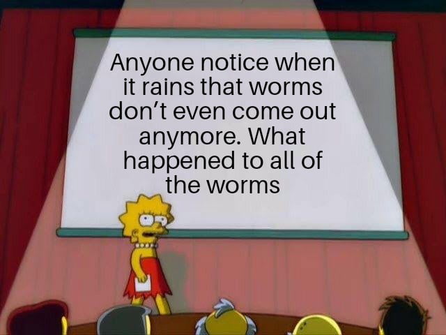 This meme repurposes a scene from the animated TV series *The Simpsons*, featuring Lisa Simpson standing at the front of a room, in front of a projection screen displaying her question: "Anyone notice when it rains that worms don’t even come out anymore. What happened to all of the worms". The image frames Lisa as posing a relatable, slightly absurd everyday observation that invites humor and casual reflection on small, unspoken changes in the natural world around us.